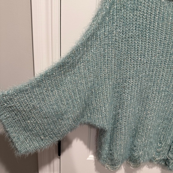 DAVI & DANI Teal Fuzzy Knit Sweater with Sequin Accents and distressing - Picture 3 of 6